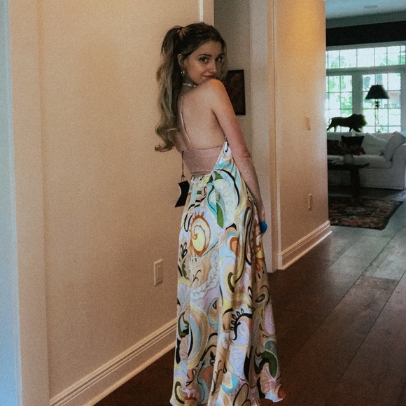 Zara Retro/Y2K Tie Front Paisley Floral Satin Halter Sleeveless Midi Slip Dress - Picture 15 of 16